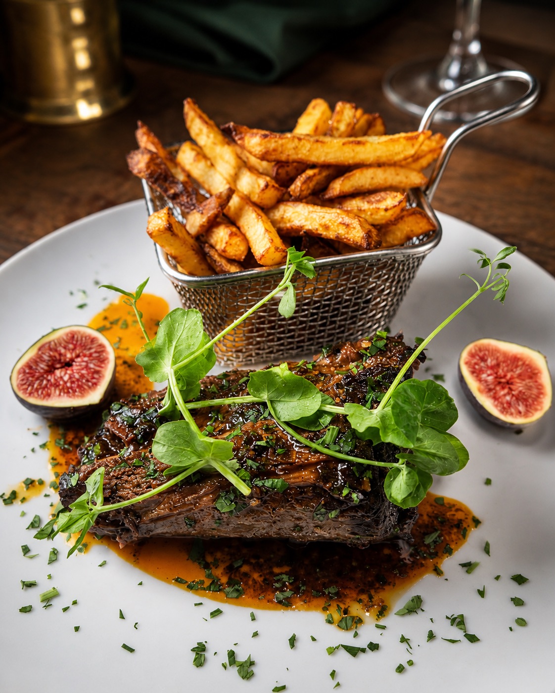 Bœuf braisé fondant, panier de frites maison et figues fraîches