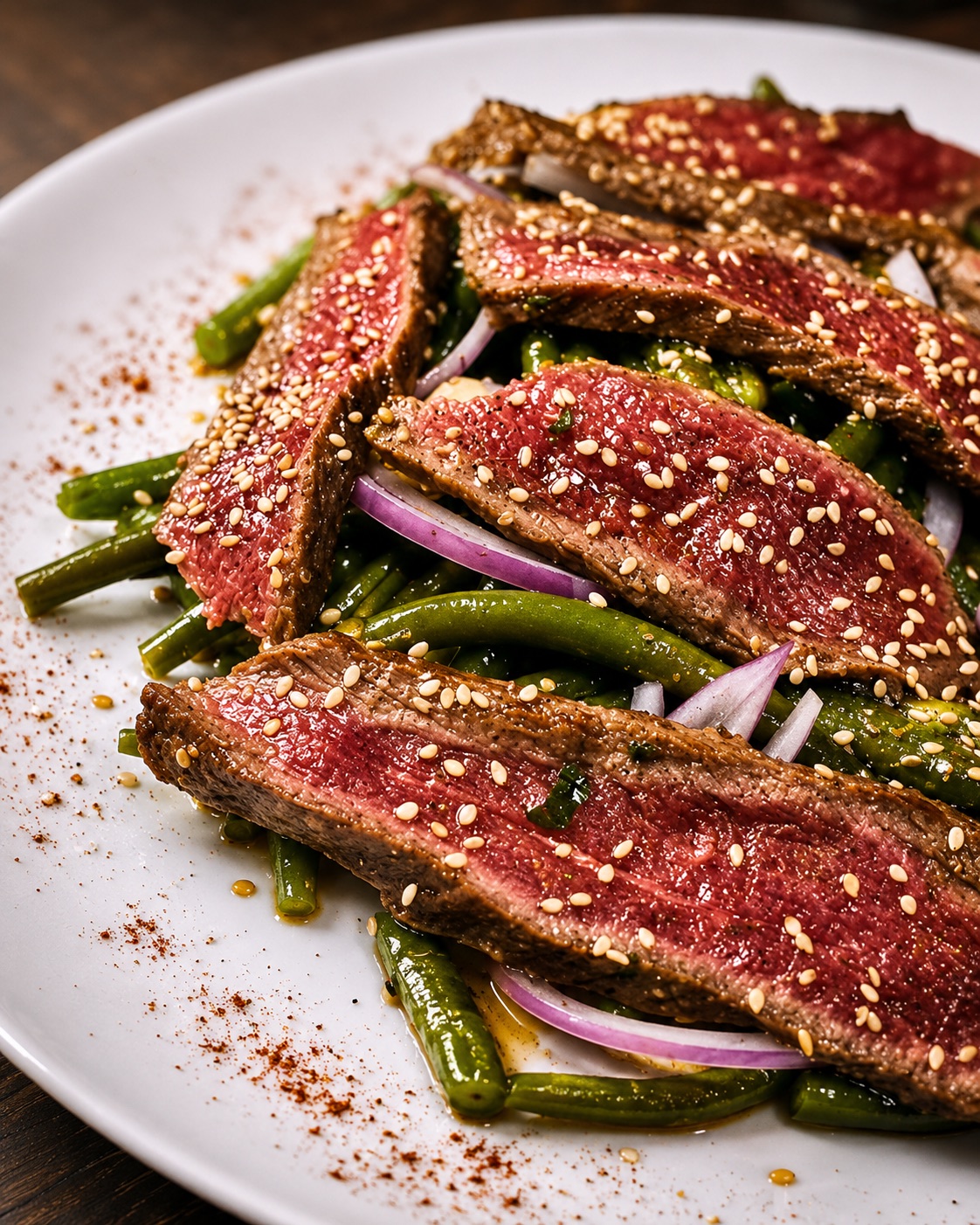 Bœuf snacké tranché rosé, haricots verts, oignons rouges et sésame, sur une assiette blanche
