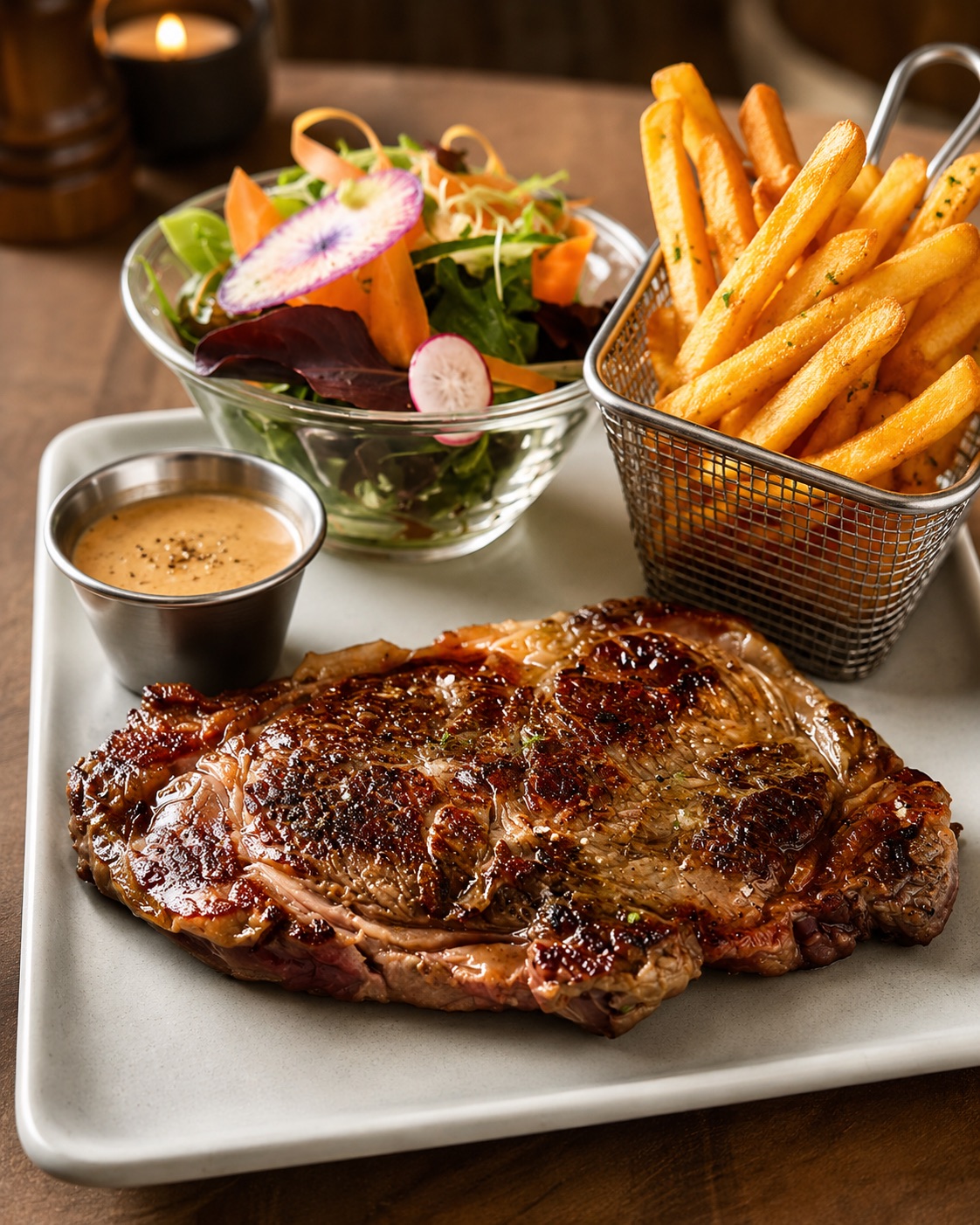 Entrecôte grillée, panier de frites maison et petite salade, sur ardoise claire