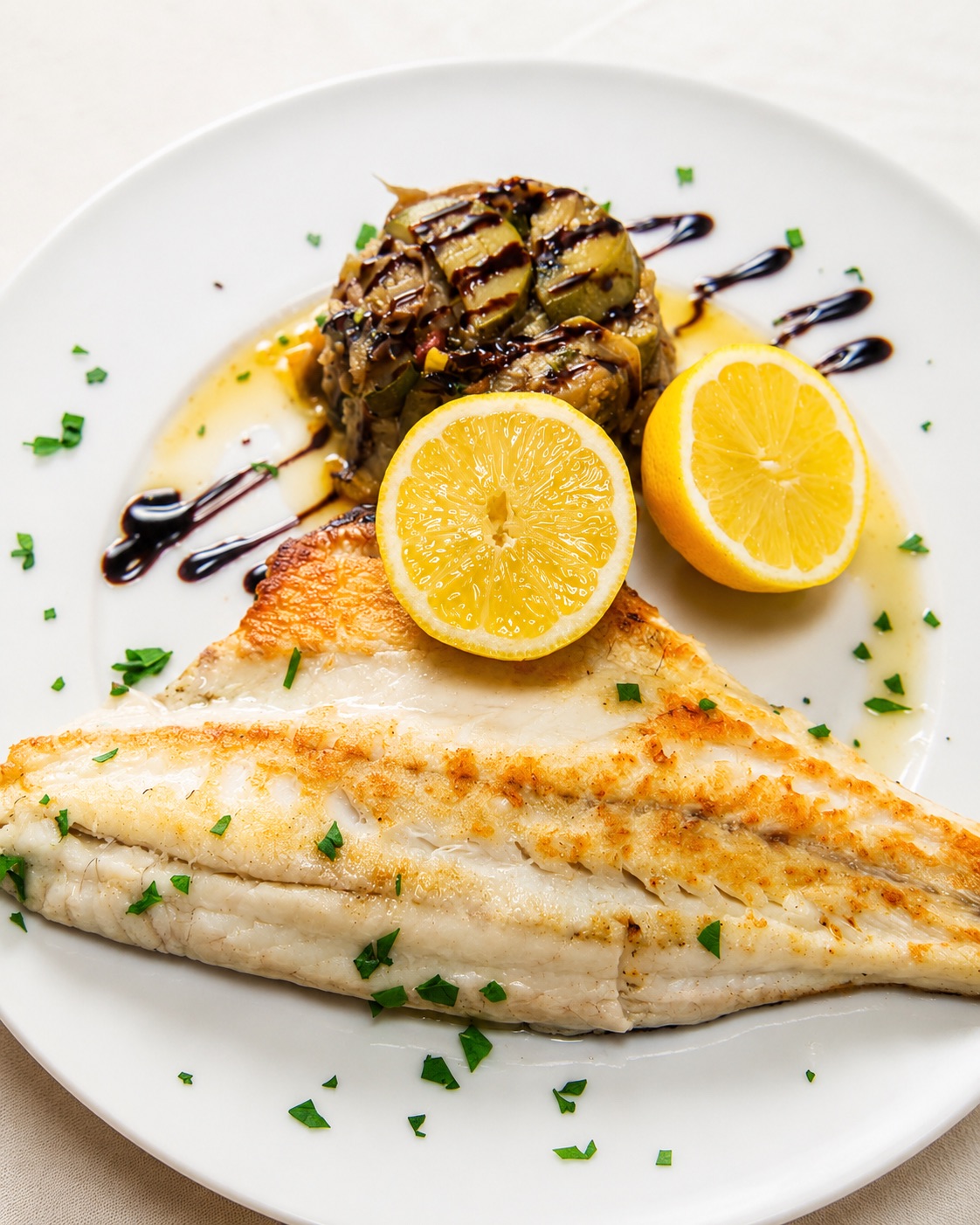 Filet de poisson frais snacké, demi-citrons et légumes confits