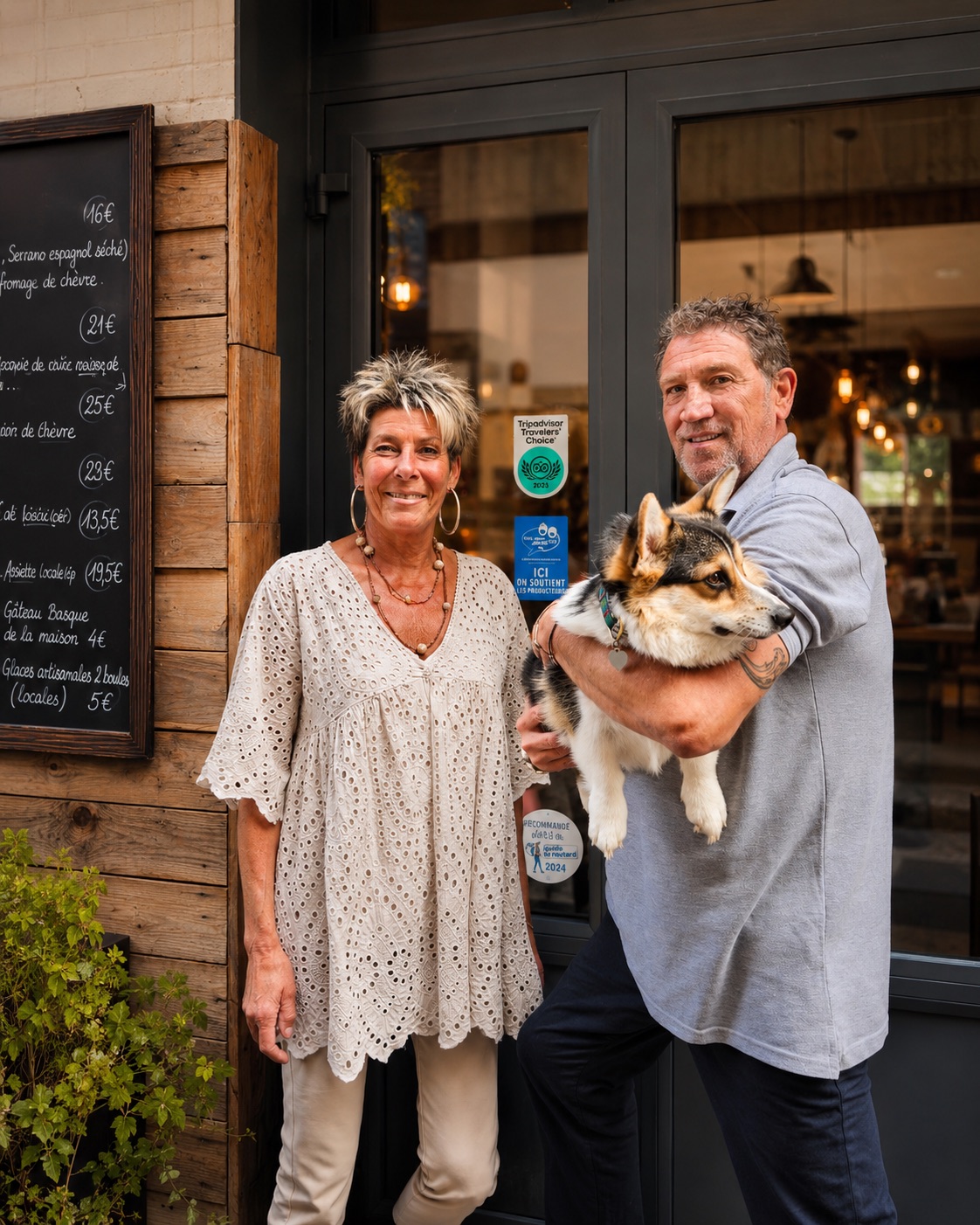 Valérie et Philippe avec Huguette, leur corgi, devant la Brasserie Du Nord au Sud