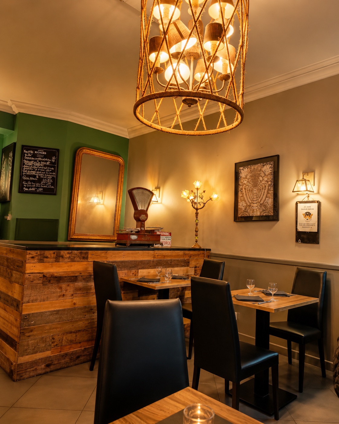 Intérieur du restaurant, chandelier en rotin tressé suspendu au plafond, tables dressées, ardoise menu et appliques chaudes